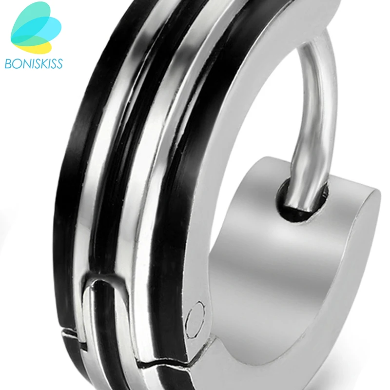 BONISKISS мужской маленький обруч из нержавеющей стали серьги huggie полосатый