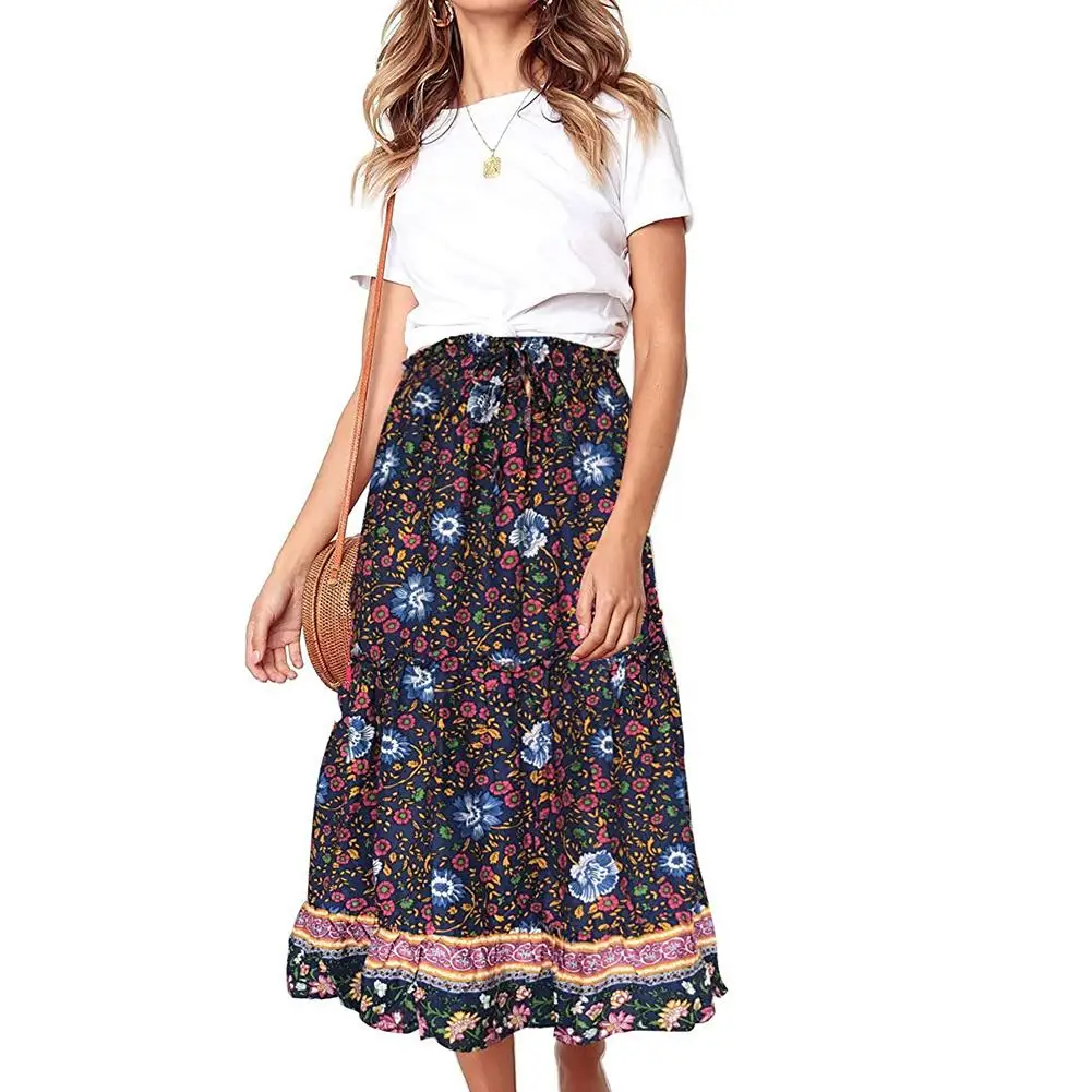 

Fashion Summer Beach Women Bohemian Skirts Clothing Flower Print Elastic Waist A Line Beach Party Long Maxi Skirt For Lady