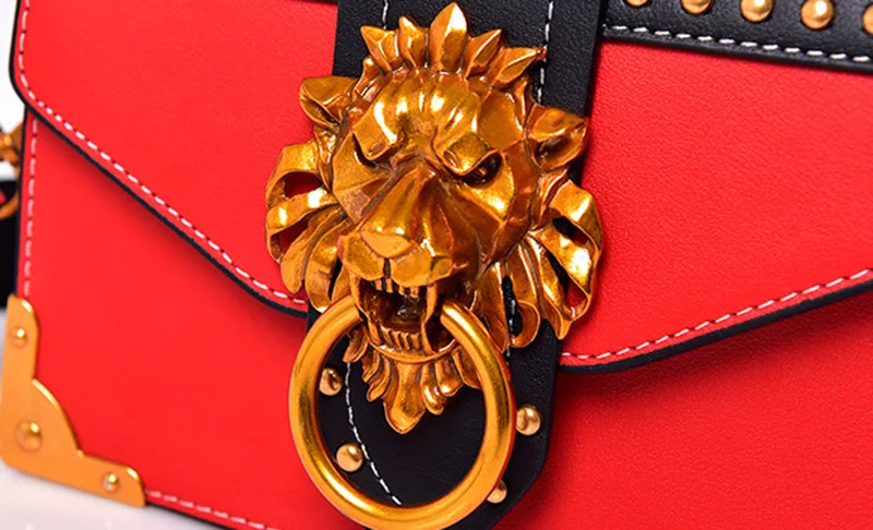 Luxury Women Fashion Rivet Handbag Metal Lion Head Female Wide Shoulder Bag Famous Design Lady Flap Bolsa Mini Crossbody SS3501 (6)