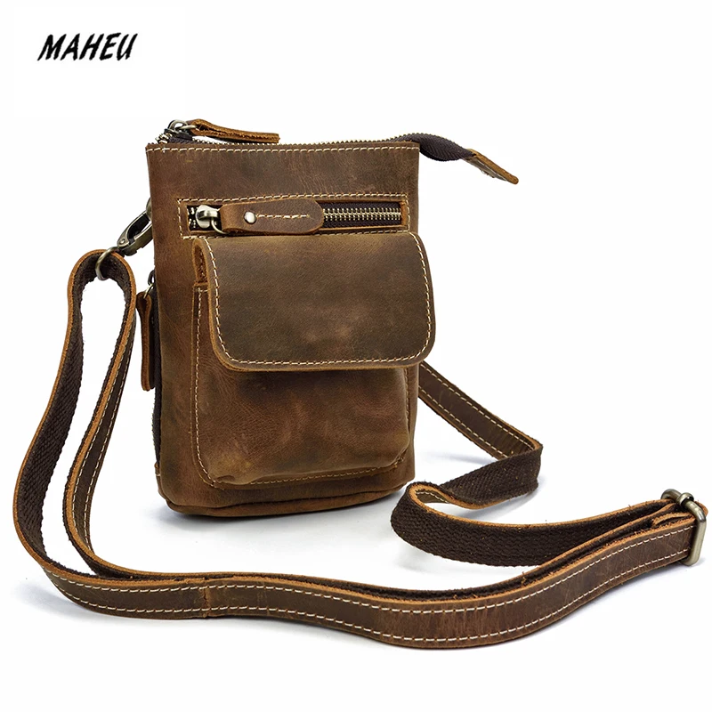

MAHEU Vintage Style Crazy Horse Shoulder Waist Bag For Male Genuine Leather Waist Pack With Should Strap Casual Small Fanny Pack