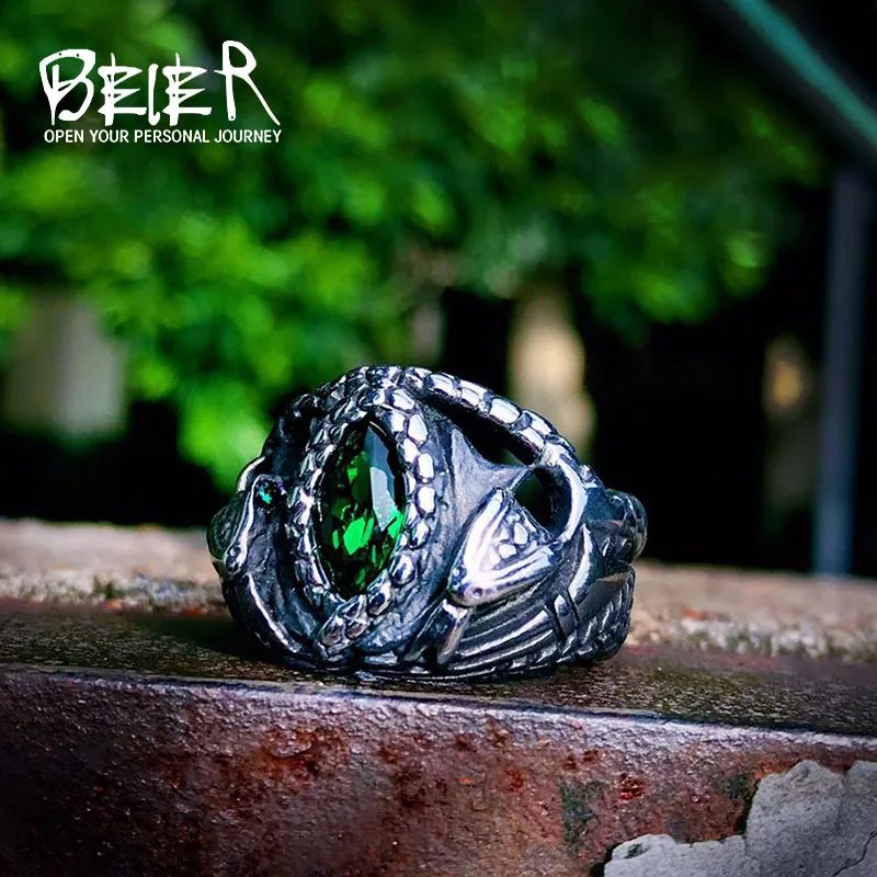 Beier 316L Stainless Steel Norse Viking Amulet Snake Green Eyes Odin 's Symbol For Men Scandinavian Wholesale Ring Jewelry LR599