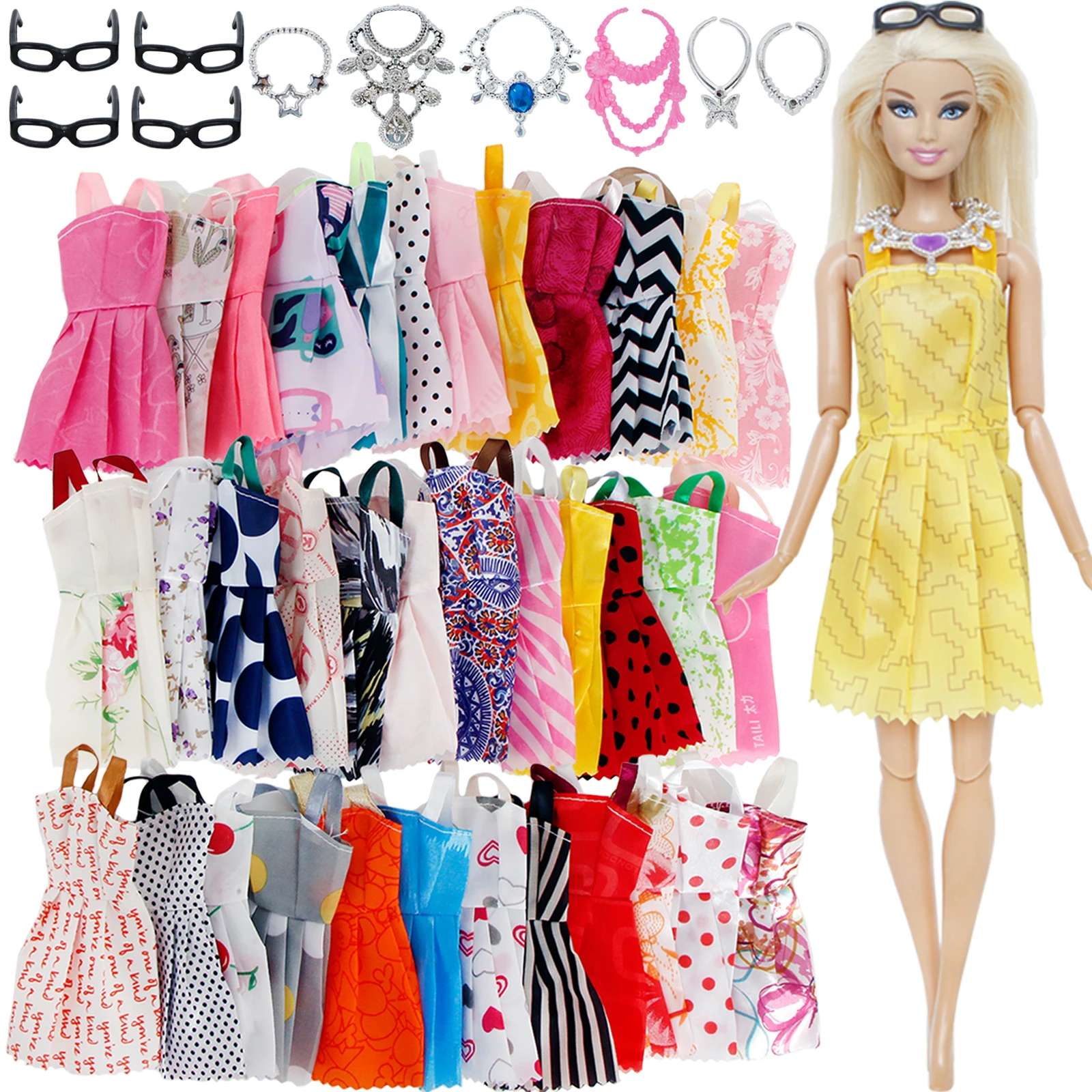 20 шт./лот = случайный 10x смешанный стиль Мини платье+ 6x пластиковые ожерелья+ 4x черные очки Одежда для куклы Барби аксессуары