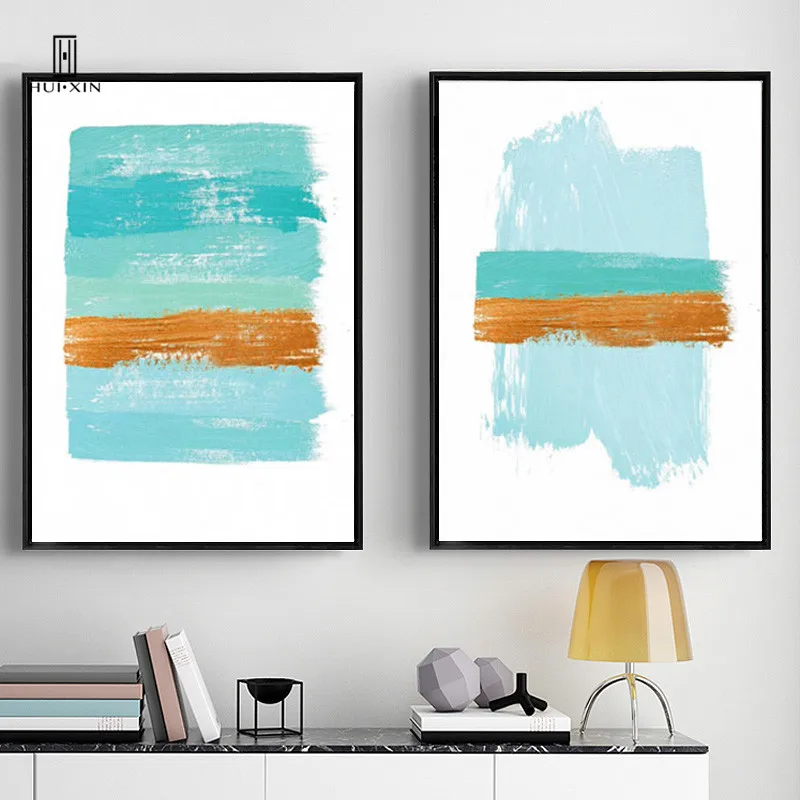 

Abstract Watercolor-like Painting Blue Sea Mixed With Blue Sky Yellow Land in the Middle Minimalist Decor for room and Hallway