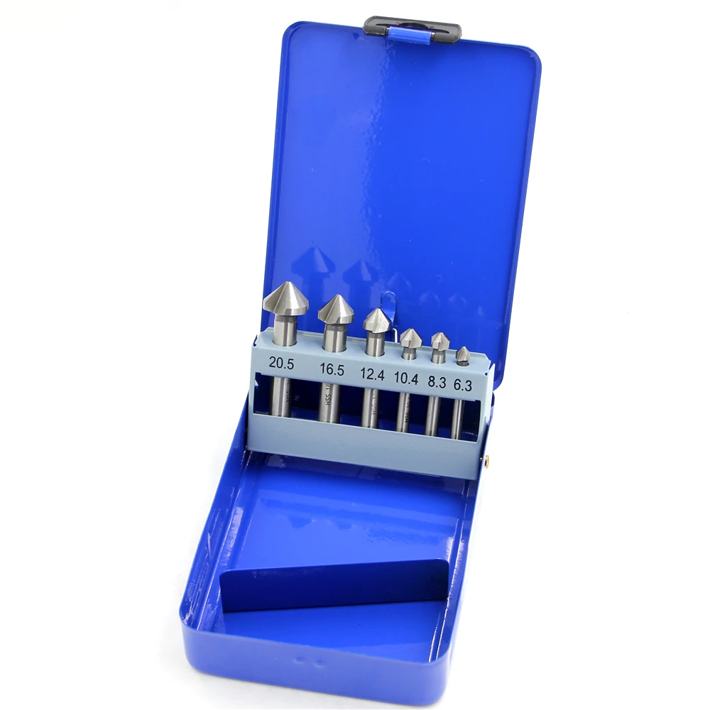 

straight shank 6pcs/Set 3 Flute HSS Hard Metals Titanium Three Edge Chamfer Chamfering Cutter Countersink Drill Bit in Tin box