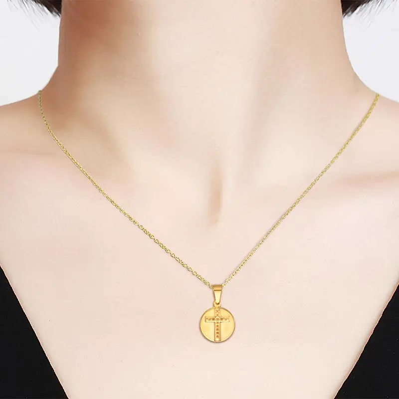 

ZFVB Fashion Round Cross Pendant Necklaces for Women Jewelry Stainless Steel Gold color Religious Necklace Statement Bijoux Gift