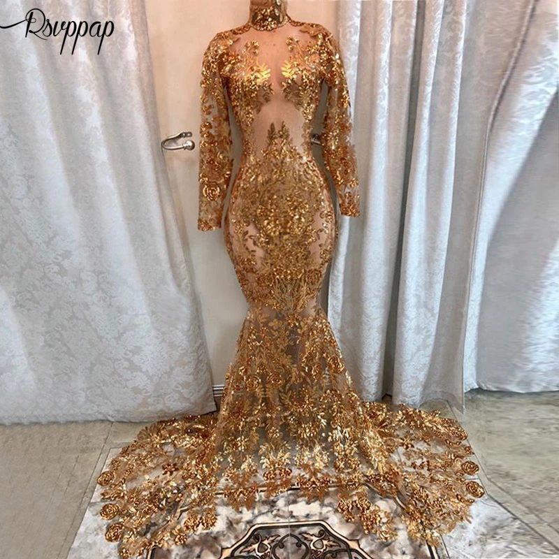 

Long Sexy Prom Dresses 2019 See Through High Neck Long Sleeve Gold Sequin African Black Girl Mermaid Illusion Prom Dress