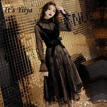 Это YiiYa вечернее платье с черным галстуком-бабочкой длиной до середины икры, вечерние платья для женщин, элегантные платья с длинным рукавом А-силуэта, robe de soiree E004