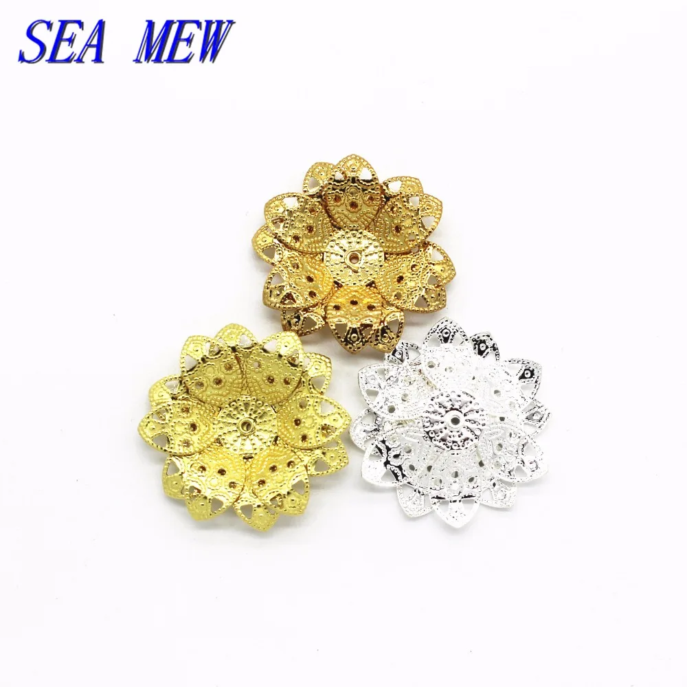 SEA MEW 27mm Metal Copper Flowers Bead Caps Base Setting 3 Colors Filigree Flowers Tray Connectors For Jewelry Making Jewelry Findings