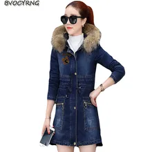 Высокое качество джинсовая куртка, пальто Для женщин зимние длинные утепленные овечьей шерсти Теплая парка с капюшоном зима женский плюс Размеры ковбой пальто