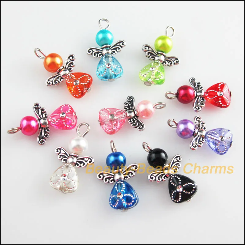 

New 10Pcs Mixed Glass Acrylic Dancing Angel Wings Flowers Charms Pendants 14x22mm
