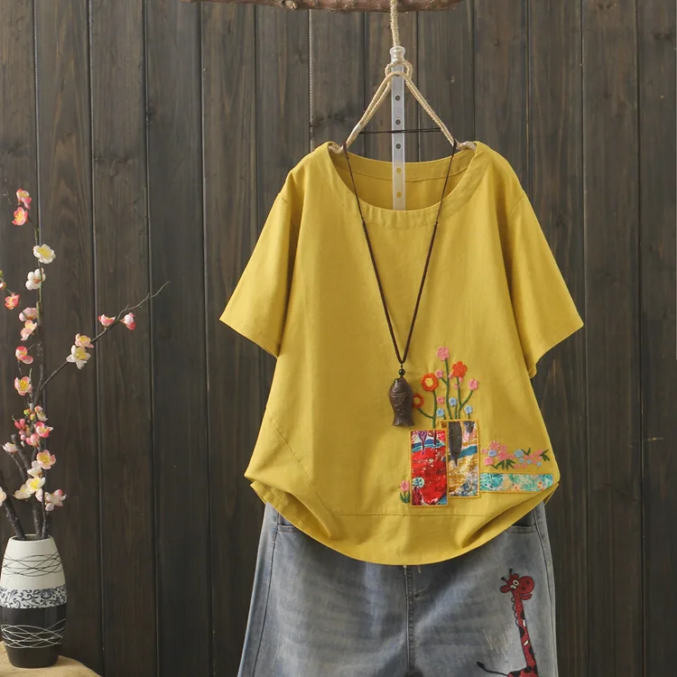 KYQIAO camisetas verano mujer размера плюс женская одежда mori girls желтая синяя оранжевая белая футболка с вышитыми цветами