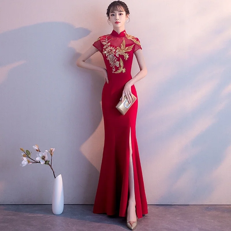 Cheongsam свадебное платье китайский стиль вышивка русалка платья для женщин сексуальные красные длинные свадебные платья TS1650