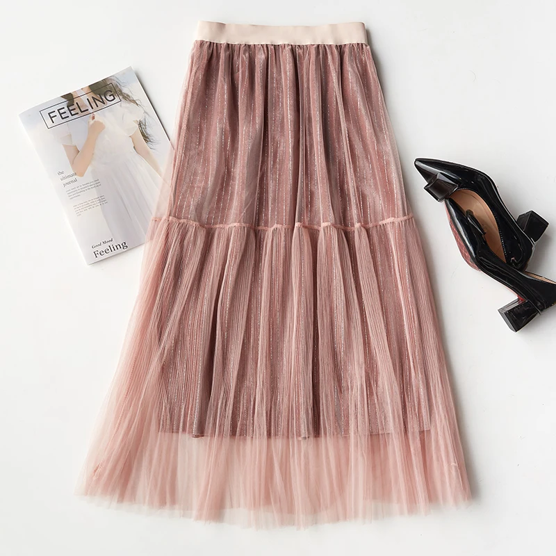 

New 2019 Spring Autumn Tulle Skirts Womens High Waisted Female Metallic Maxi Skirt A-line Pleated Long Party Large Swing Skirt