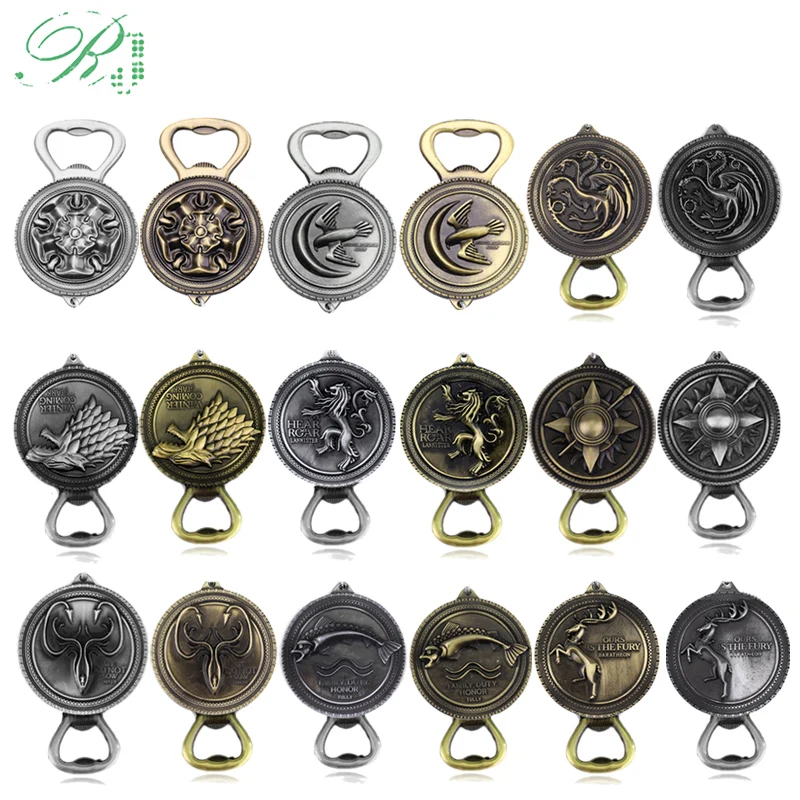 

RJ Game of Thrones Bottle Opener Keychains Stark Wolf Dragon Men Souvenirs Keyring Love Beer Bar Tools Cap Launcher Fans Gift