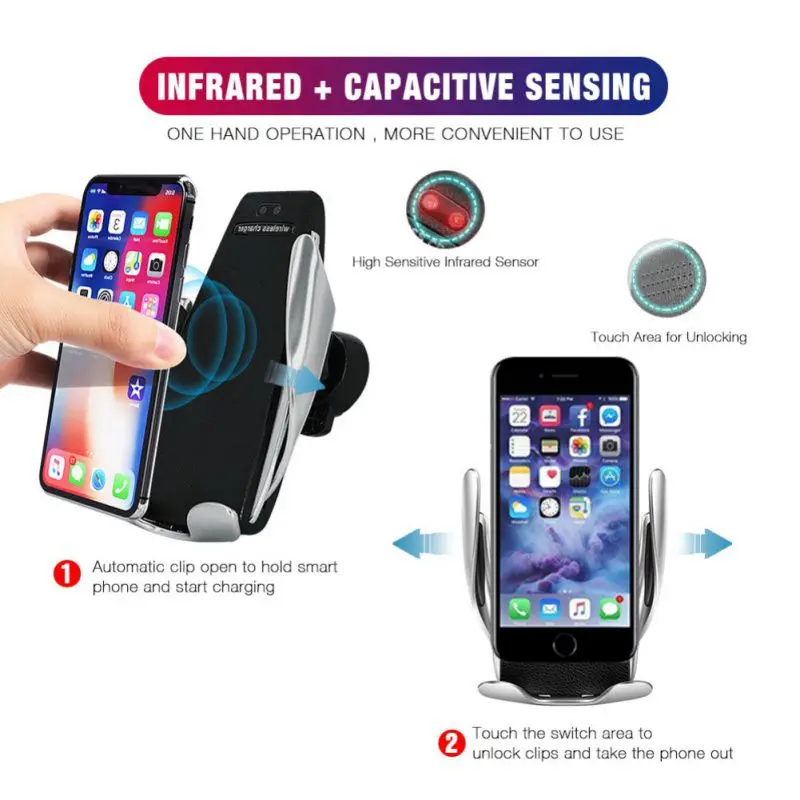

Fast Wireless Car Charger Automatic Infrared Sensor Car Smart Phone Mount 360 Air Vent Holder One Hand Operation Auto-Clamp WJ