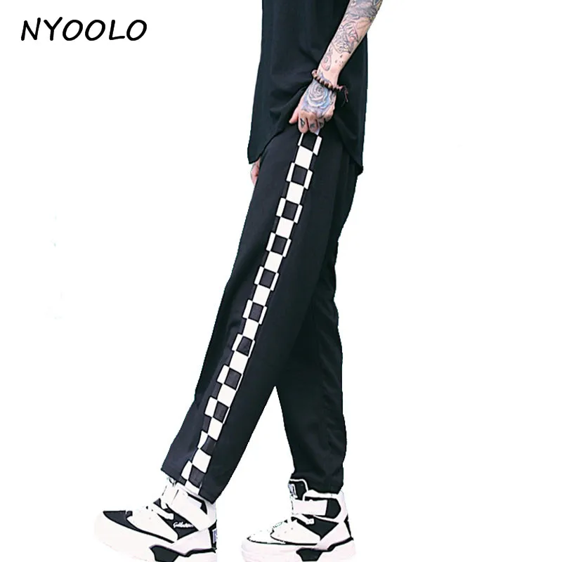 NYOOLO, винтажные клетчатые штаны, лоскутные, стиль, эластичный пояс, прямые, повседневные штаны для женщин/мужчин, уличная одежда - Цвет: Черный