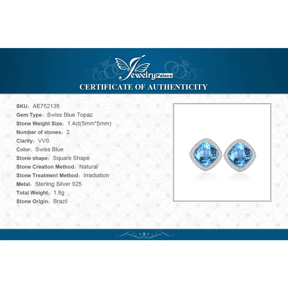 Jewelrypalace Винтаж 1.43ct квадратный Природный Голубой топаз Серьги гвоздики 100%