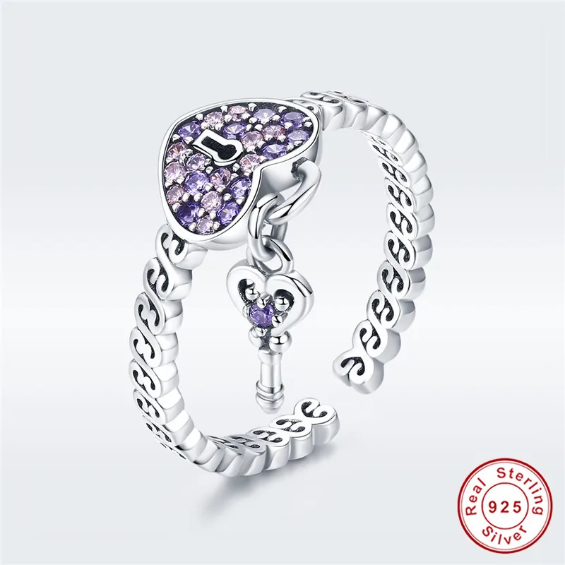 

Original S925 Purple Cubic Zirconia Heart Ring 925 Sterling Silver CZ key lUnlock Love Open Rings for Women Brand Jewelry