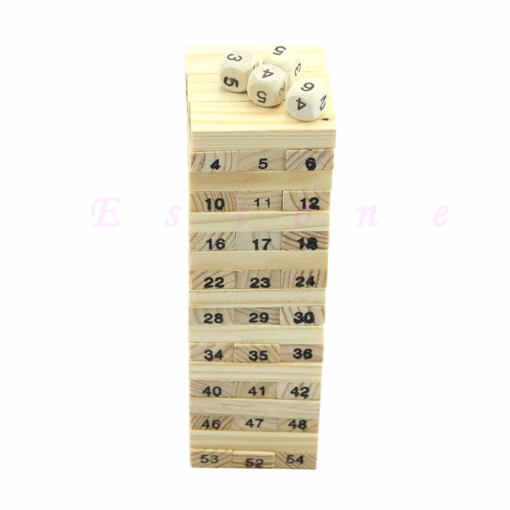 

54 Blocks+4 Dices Children Wooden Tumbling Stacking Tower Block Board Game