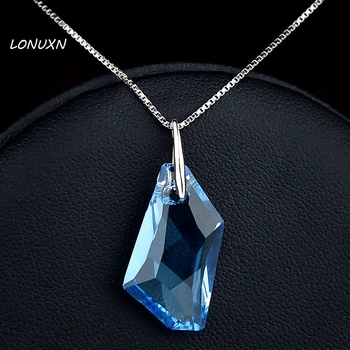 

4 colors High quality irregular 925 Sterling silver women jewelry girls blue crystal necklace Pendant with chain lovers gift