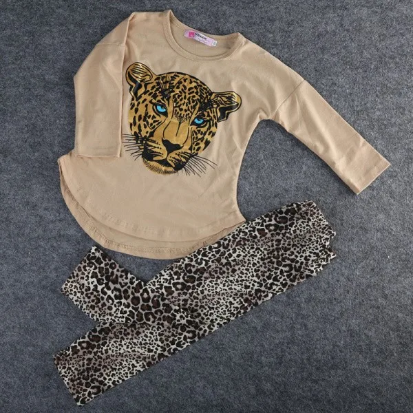 Комплект с леопардовым принтом для девочек, хлопковая Футболка с рисунком + леггинсы с леопардовым принтом, 2 предмета