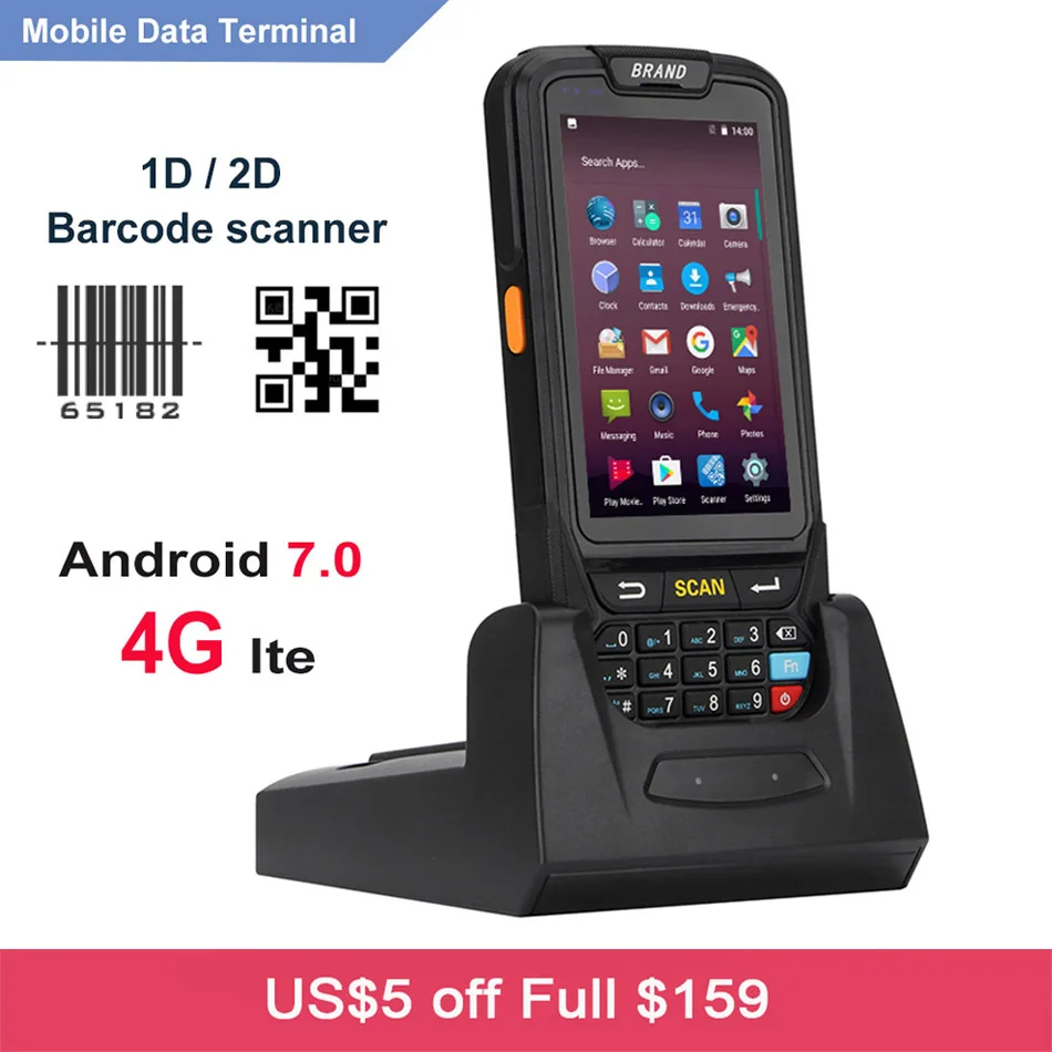 شحن مجاني المحمولة PDA 4G واي فاي المحمول جامع الروبوت 7.0 RFID 1D 2D الليزر الباركود ماسحة مع الشحن مهد