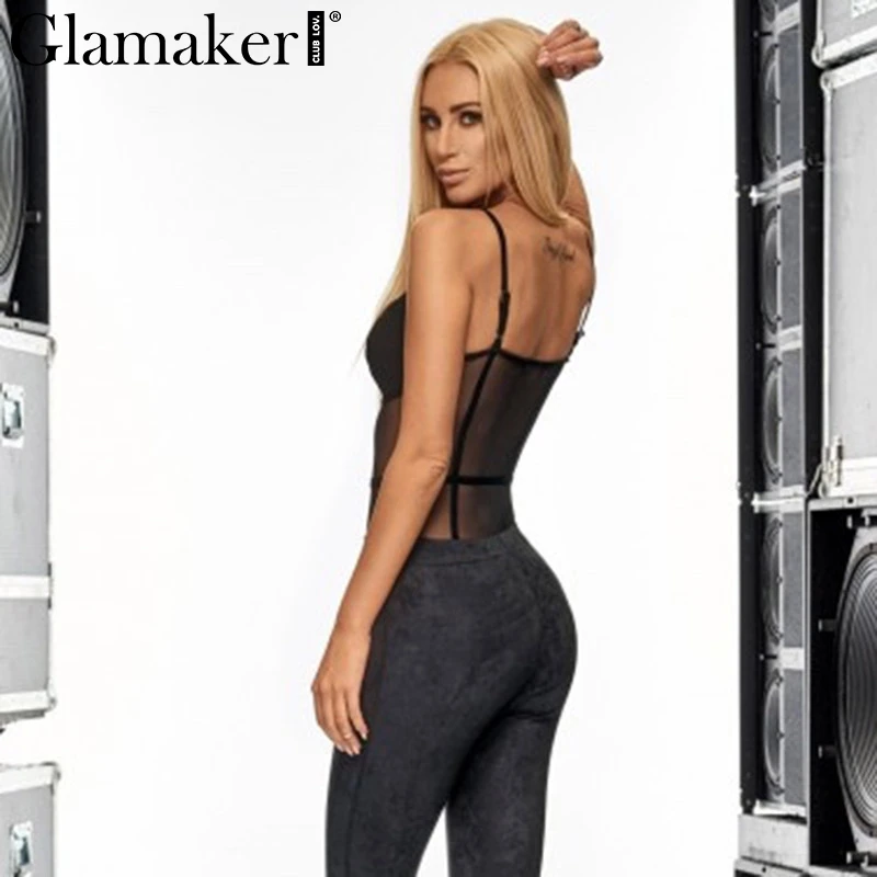 Glamaker Mesh black sexy teddy bodysuit Women transparent strap bodysuit Female winter bandage bodysuit one-pieces 2018 jumpsuit