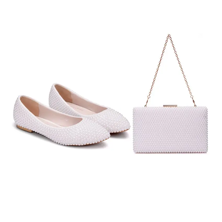 Crystal Queen Women Shoes Lady Pearl White Wedding Shoes Flat