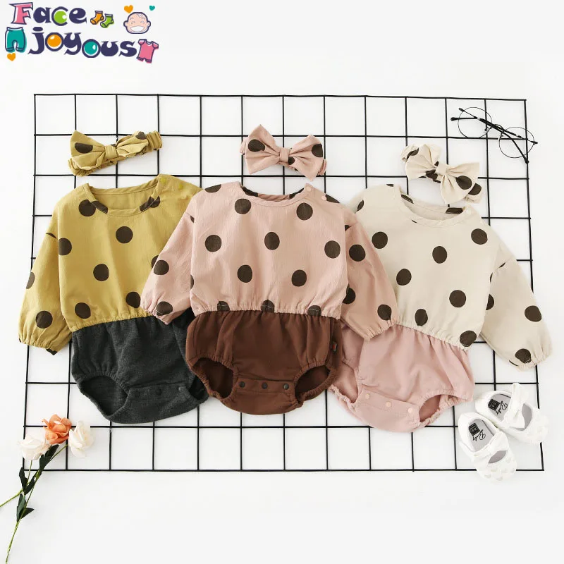 

2019 Korean version Baby Bodysuit ladies wave Point long-sleeved Cotton Climbing Suit For autumn Babies two-piece Clothing