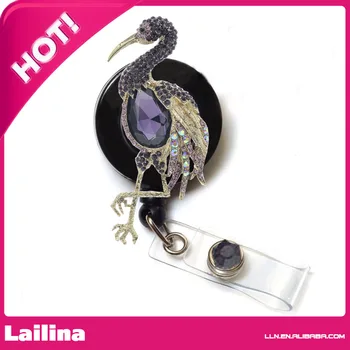 

Rhinestone Retractable Badge Reel/ ID Badge Holder / Brooch / Pendant / Id Badge Holder ( Purple rhinestone flomingo)