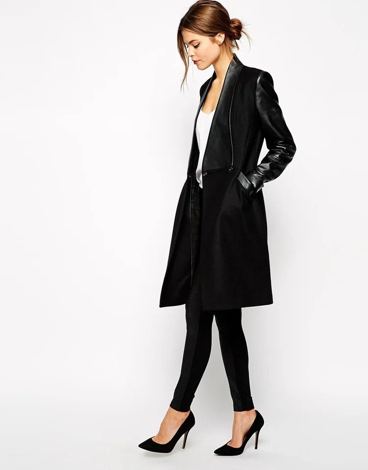 Зимнее женское пальто черное из искусственной кожи с карманами|female coat|brand coatcoat brand