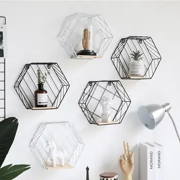 

Wood Iron Art Hexagon Nordic Modern Style Storage Rack Wall Hanging Type Home Organizer Shelf Holder Home Decoration Tool