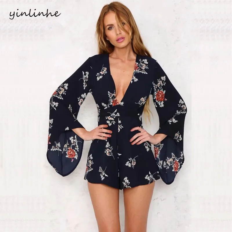 yinlinhe White V neck Sexy Summer Playsuit long Flare Sleeve Floral Women Playsuit Slim Waist Elegant bohemian Rompers  3