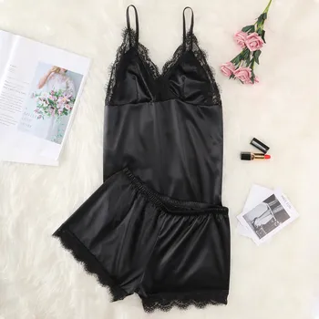 

Pyjamas Women Summer New Shorts Sexy Nightwear Two-piece Women Satin Pajamas Set Suit Casual Black V-Neck Pijama Home Sleepwear