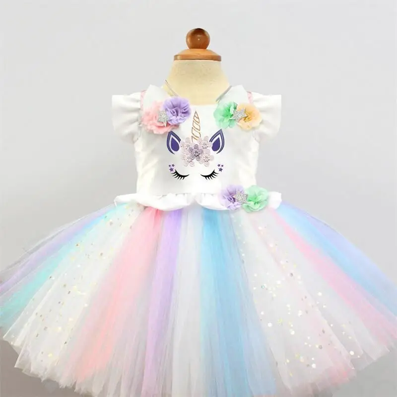 

Colorful Girl Ball Gowns For Wedding Birthday Outfits Costume Princess Unicornio Party Dress Kid Tulle Summer Clothes 2018 Brand
