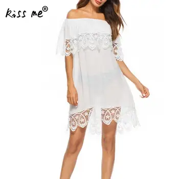 

White Solid Swimsuit Cover Ups Off Shoulder Beach Dress Flounce Beach Wear Tunic Holiday Summer White Short Beach Sun Dresses