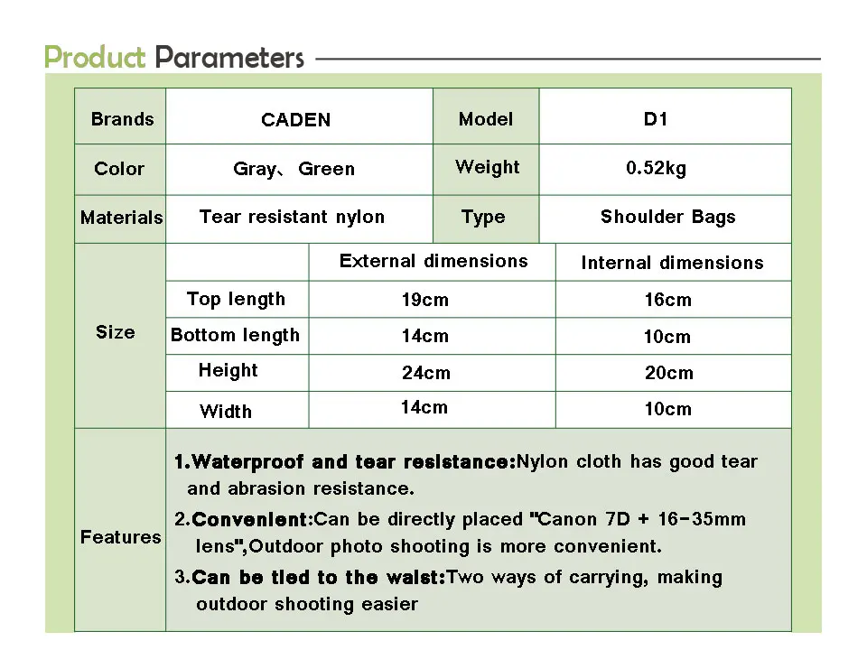 Caden D1 Мини камеры сумка фотографии видео Чехол черный зеленый Малый Повседневная сумка для Canon Nikon sony