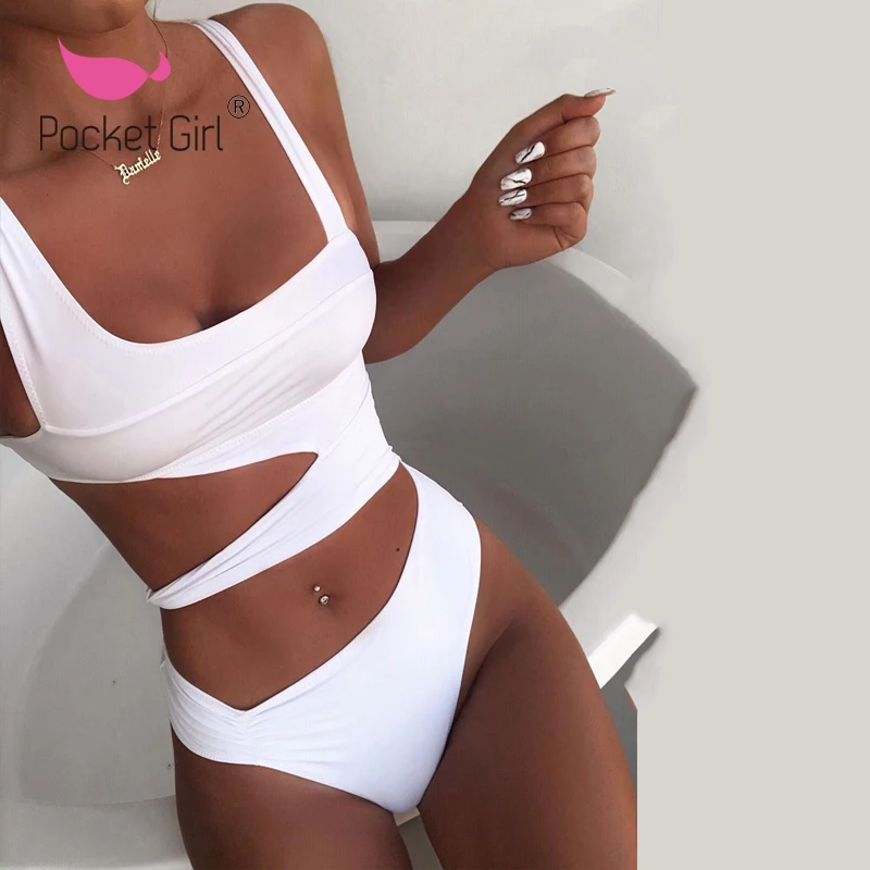 Günstige 2020 Weiß Ein Stück Badeanzug Sexy Trikini Bademode Frauen Cut Out Monokini Push Up Bathsuit Bandage Badeanzug Maillot De bain