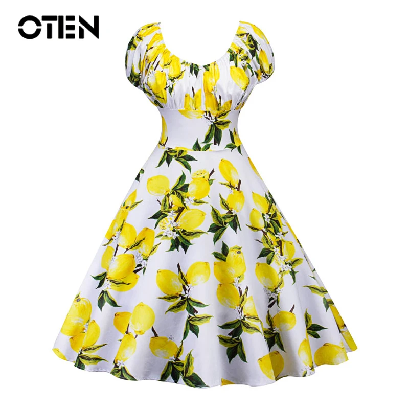 

OTEN 2018 Fashionable Women Summer Cap Sleeve Lemon Printed vintage retro 50s pin up Skater Swing Rockabilly party outfits dress