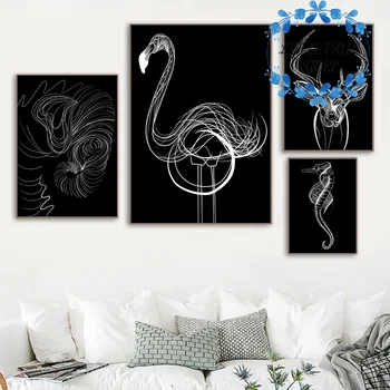 

Nordic Horse Elephant Deer Flamingo Seahorse Black Animal Art Canvas Poster Wall Picture for Room No Frame