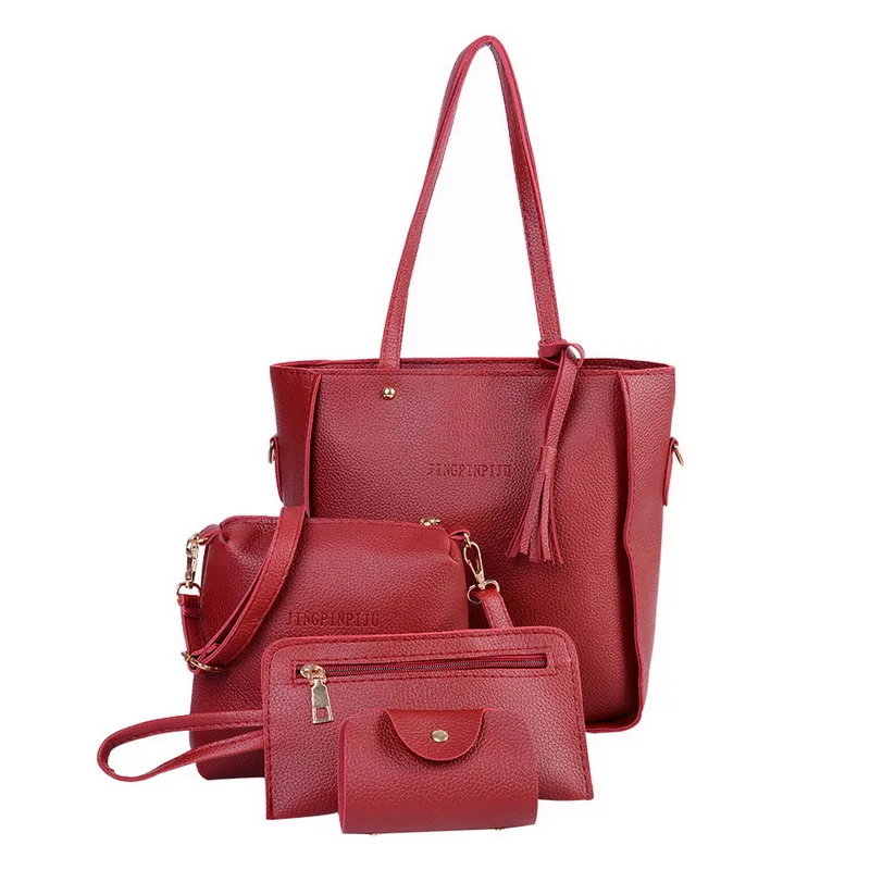 3Pcs/Set Bags For Women Handbag PU Leather Shoulder Bags Casual Tote Tassel Top Handle Designer Bag Composite Messenger Bag - Цвет: 2-0001red 2