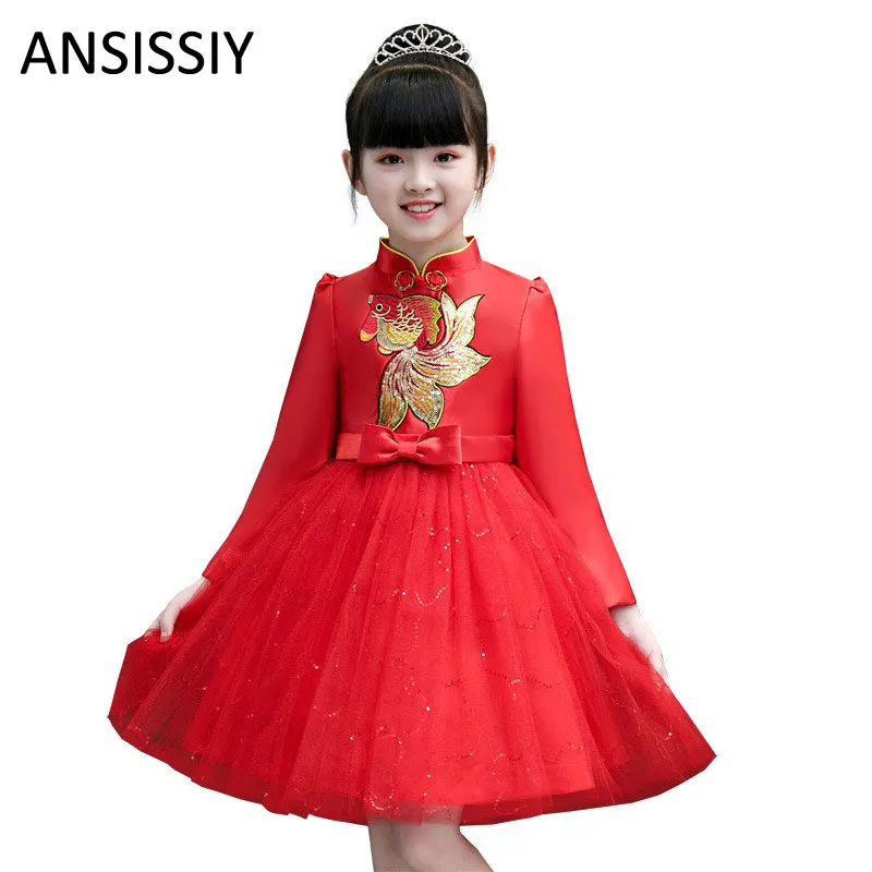 

Chiese Style Fish Pattern Lucky New Year Dress Party Girls Full Sleeve Big Bow Princess Wedding Dress Children Party Vestidos