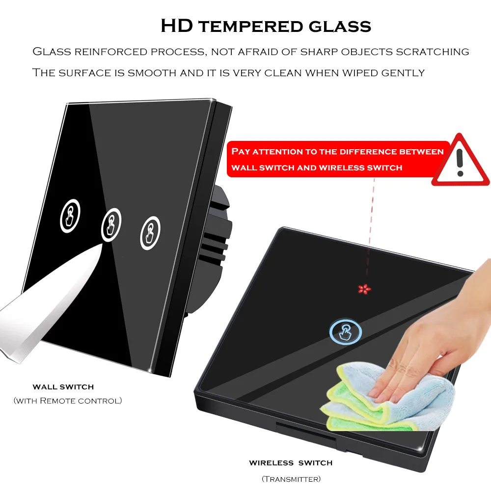 SMATRUL 1 2 3 gang smart Wireless touch Switch Light 433MHZ RF Remote Control Glass Screen No Neutr - 33051784112