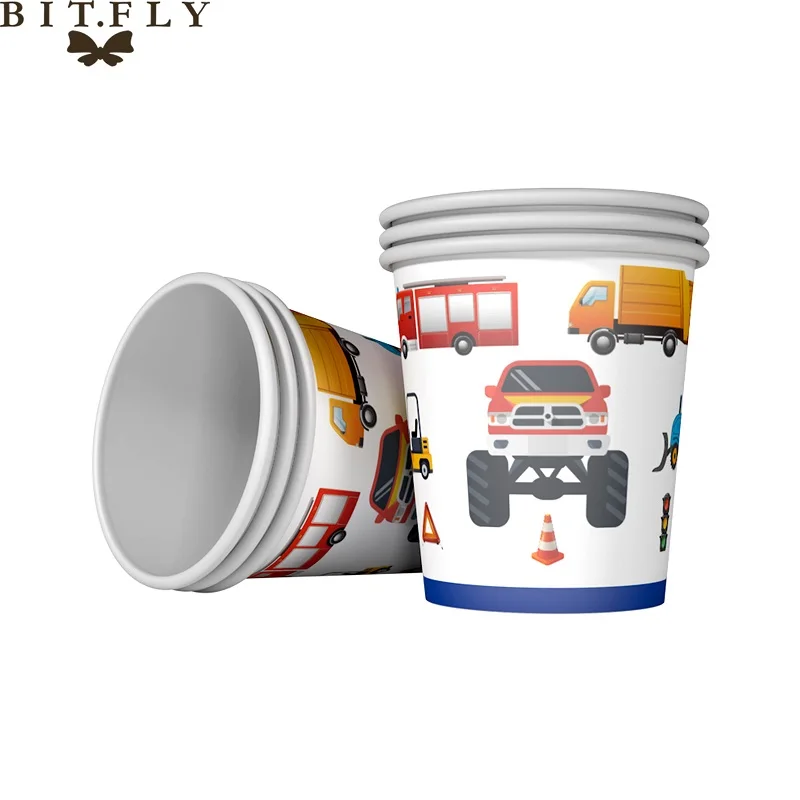 Construction Engineering Vehicle Cars Disposable Tableware Set Paper Plates Cup Banner Tablecloth For Kids Birthday Theme Party - Цвет: 6pcs Paper Cups