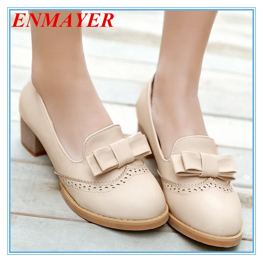 

ENMAYES  2015 new Round toe Retro women pumps Stylish simplicity  British style Platform Pumps solid slip-on Bowtie shoes pumps