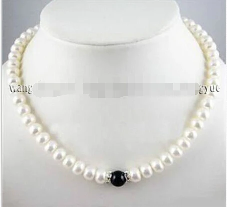 

7-8mm Natural White Akoya Pearl/10mm Black Rich Agate Beads Necklace 17