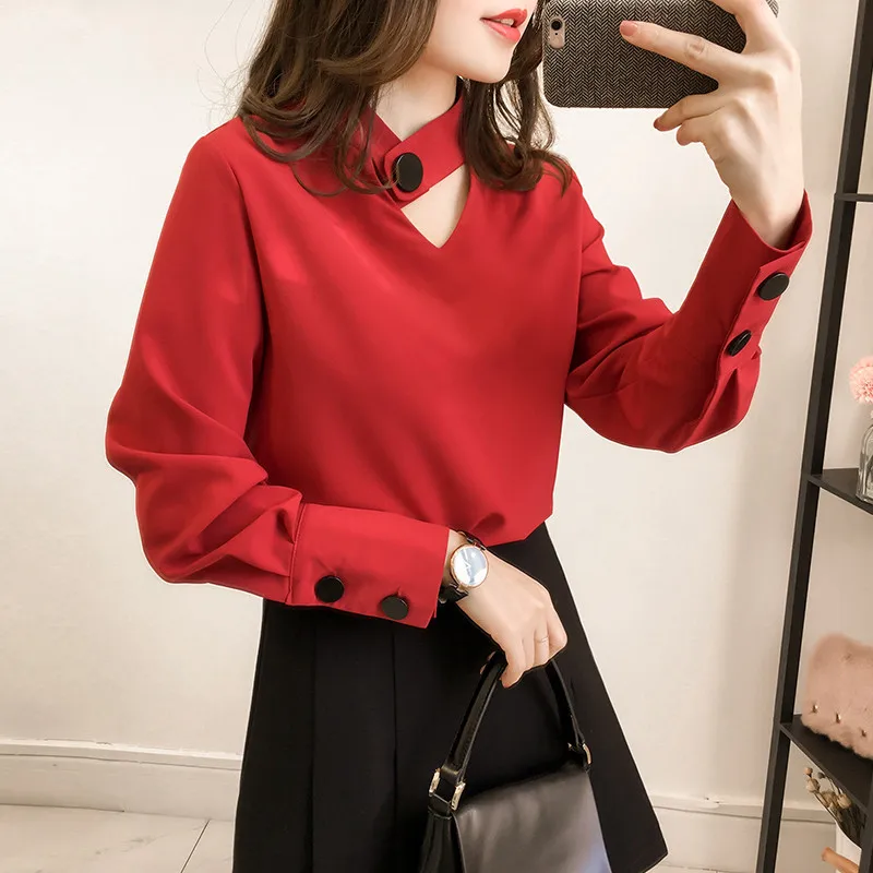 Chiffon Shirt 2018 New Women's Spring Fashion Hollow Halter Neck Long-Sleeved Casual Solid Color Elegant Korean Blouses |