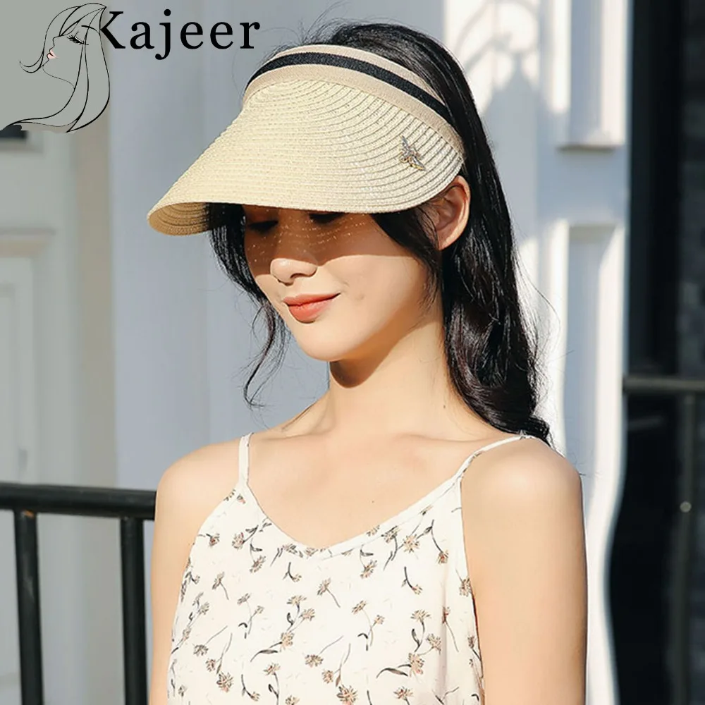 

Kajeer Woman's Sun Hats Hand Made DIY Straw Bowknot Visor Caps Parent-Child Summer Cap Casual Shade Hat Empty Top Hat Beach