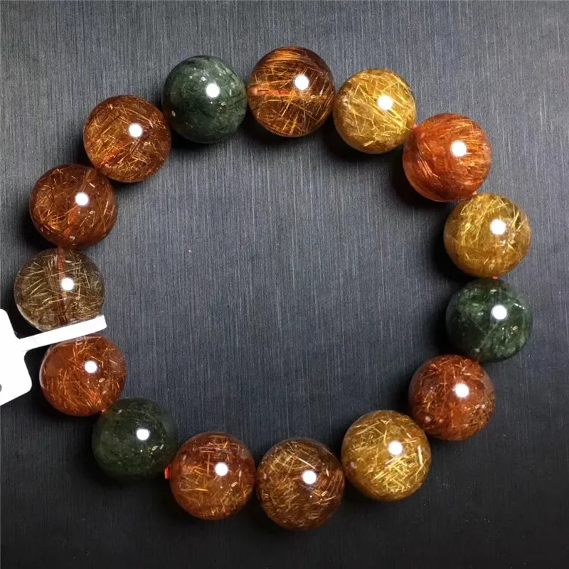 

14.5mm Natural Colorful Rutilated Quartz Crystal Bracelet Women Gift Charms Round Bead Stone Cat Eye Stretch Bracelet Jewelry