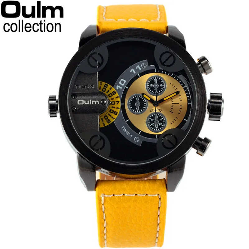 

5cm Mens Watches for Big Wrist Brand Oulm Original Leather Strap Dual Time Zone Casual Quartz Watch Relogio Masculino Marca 2018